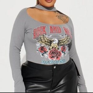 Fashion Nova Gray Graphic Cutout Bodysuit